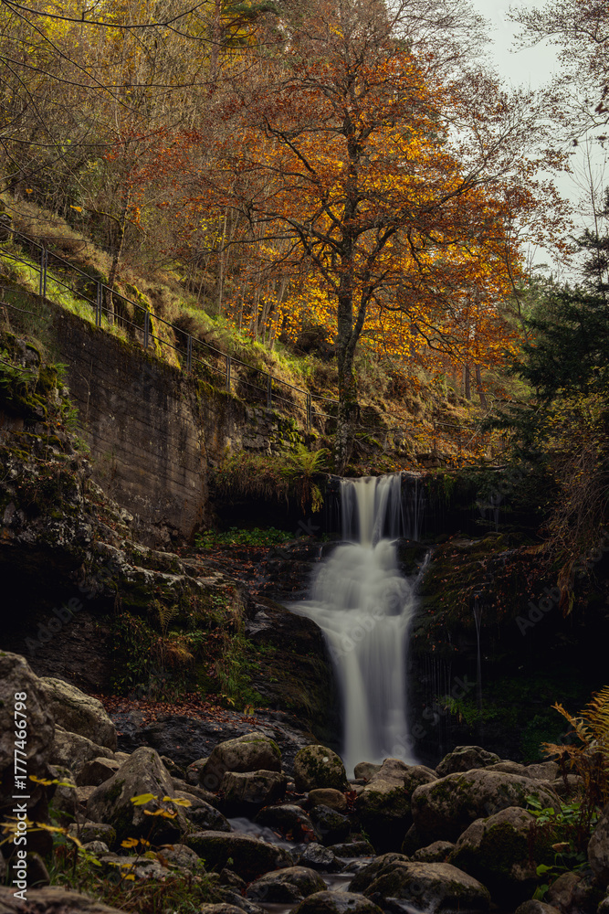 Fototapeta premium Autumn season in Route of the Waterfalls of Puente Ra, Sierra Cebollera Natural Park, Cameros, La Rioja, Spain