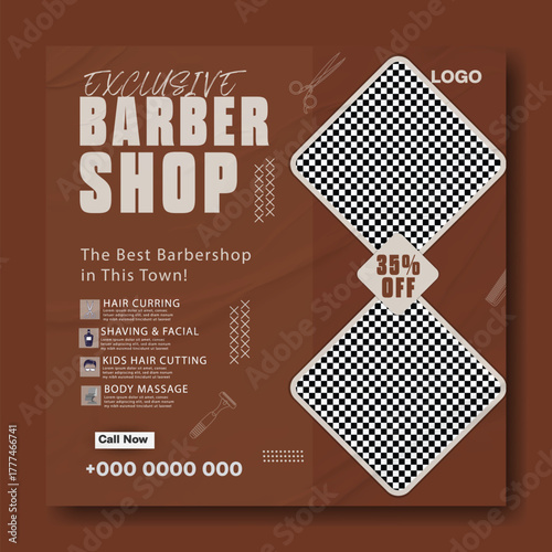 Modern barber shop advertisement with professional haircut services and discount offer.
Vintage barber shop magazine cover featuring classic hairstyles and grooming techniques.