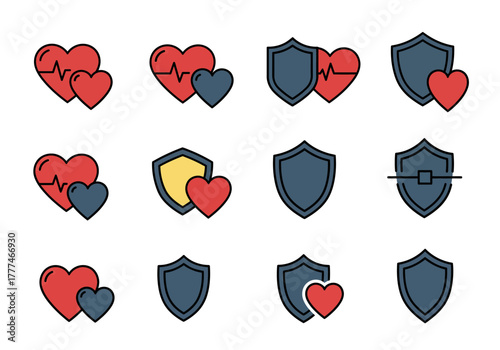 Heart Health Insurance Icons Set Protection, Safety, and Well-being Vectors