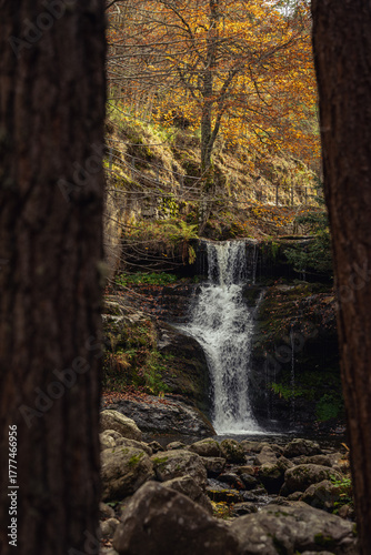 Autumn season in Route of the Waterfalls of Puente Ra, Sierra Cebollera Natural Park, Cameros, La Rioja, Spain