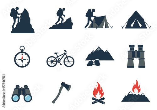 Outdoor Adventure Icons Set Hiking, Camping, Navigation, and Equipment for Explorers