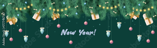 Christmas branches with festive balls and garlands, Happy New Year and Merry Christmas greetings on a dark background - Vector illustration