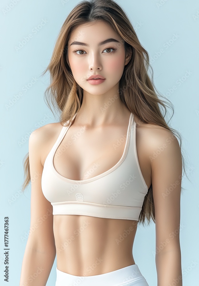 Obraz premium Beautiful Asian Woman with Long Brown Hair in Beige Sports Bra Fitness Model Portrait