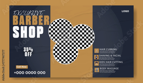 Stylish bearded man posing in a modern barber shop advertisement with discount offer.
Modern barber shop advertisement with vintage style featuring haircuts and grooming services