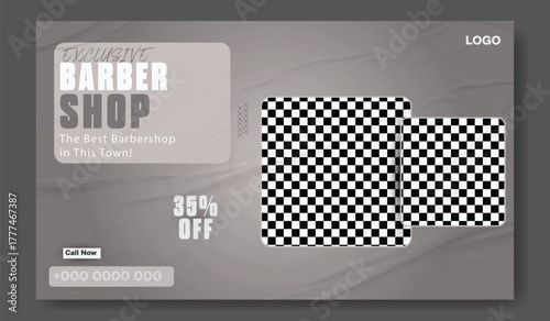 Stylish bearded man posing in a modern barber shop advertisement with discount offer.
Modern barber shop advertisement with vintage style featuring haircuts and grooming services