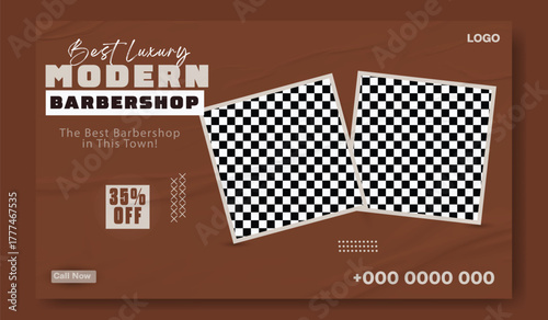 Stylish bearded man posing in a modern barber shop advertisement with discount offer.
Modern barber shop advertisement with vintage style featuring haircuts and grooming services