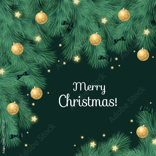 Festive New Year background congratulation Merry Christmas, postcard web template with decorated tree and decorations - Vector illustration