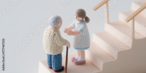 階段の歩行練習をする高齢者と介護士のリハビリ風景／まみおデザイン福祉シリーズ