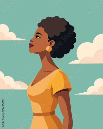 A strong woman looking up at the sky. Freedom, feminism, female dignity concept.