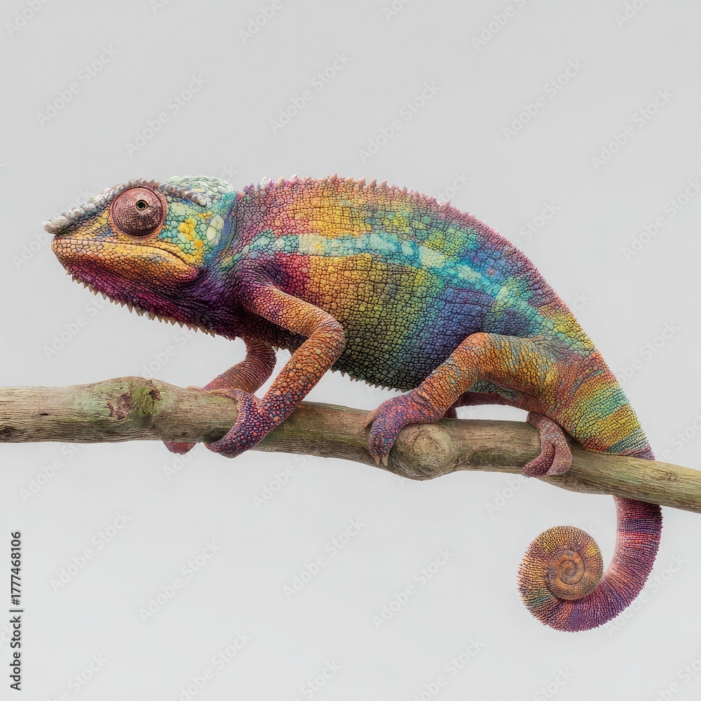Obraz premium A chameleon clings tightly to a small twig, its coiled tail dangling freely against a bright white background.
