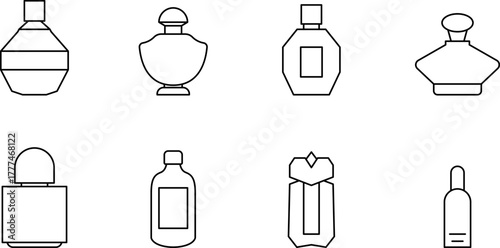 Perfume stroke outline icons set isolated on white background. Perfume bottles line icons. Glass sprayer, luxury parfum sampler, cologne outline pictogram for cosmetic store illustration.