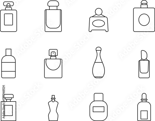 Perfume stroke outline icons set isolated on white background. Perfume bottles line icons. Glass sprayer, luxury parfum sampler, cologne outline pictogram for cosmetic store illustration.