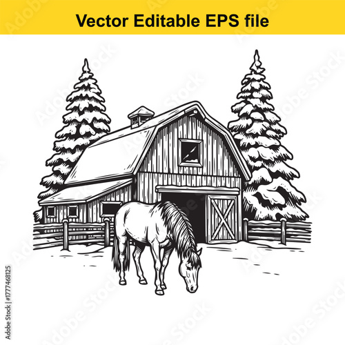 Vintage barn with a horse in front, surrounded by pine trees and a wooden fence, black and white illustration