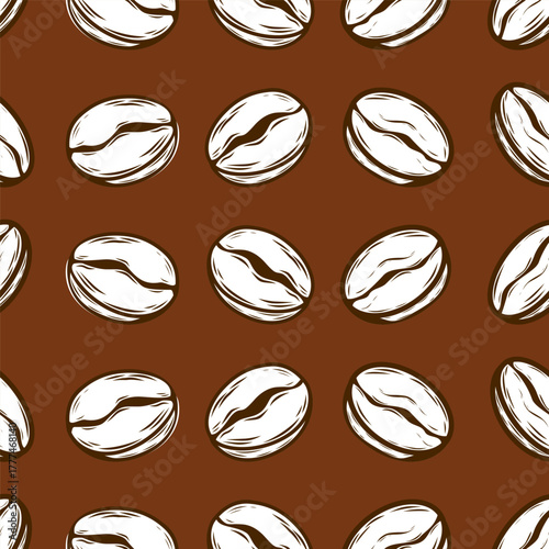 Vector seamless pattern with coffee beans on brown background, perfect for packaging, cafe design, textiles, and branding projects.