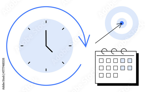 Clock with an arrow symbolizing time flow, calendar for planning, and target for goals. Ideal for productivity, organization, scheduling, deadlines, goal setting focus strategic planning. A simple