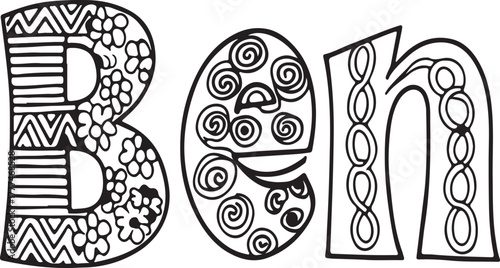 Decorative Stylized Name Ben in Artistic Doodle Font with Floral and Abstract Patterns