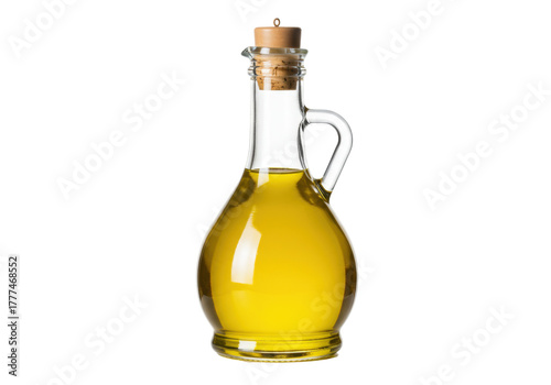 Isolated vintage glass decanter bottle with cork filled with yellow oil, handle, olive oil