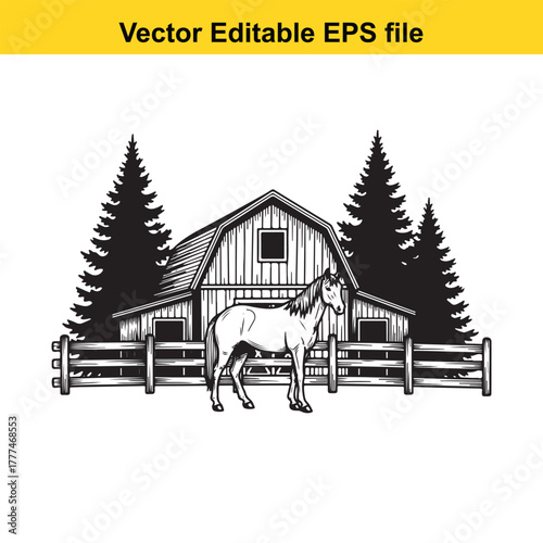 A black and white illustration of a horse standing in front of a barn with a wooden fence and pine trees, vector editable eps file