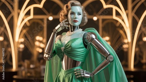 glamorous 1940s fashion, featuring polished chrome and brushed steel body panels with subtle articulated joints. The robot wears an elegant emerald green 