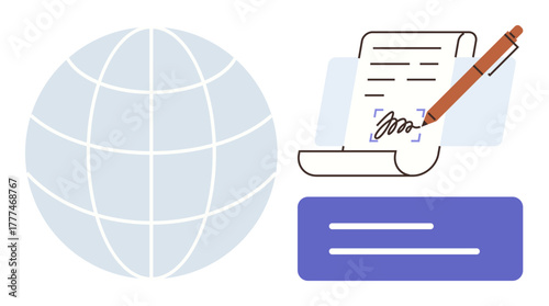 Globe symbolizing international scope, contract being signed with pen, and text document design. Ideal for themes thumbs up global business, communication, legal agreements, collaboration