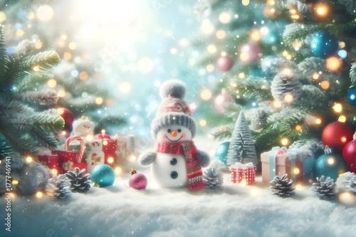 little snowman and christmas tree dreamy pastel colors