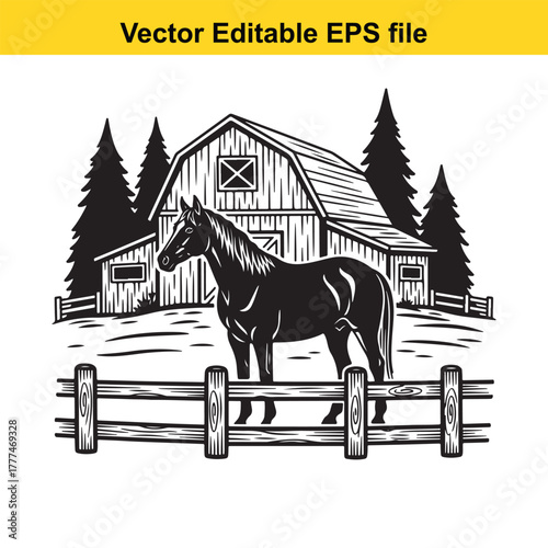 A majestic black horse stands proudly in front of a rustic barn, surrounded by pine trees and a wooden fence, evoking a sense of rural tranquility and farm life