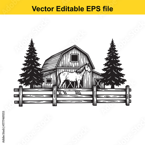 Vintage hand drawn illustration of a horse in front of a barn, with pine trees and a wooden fence