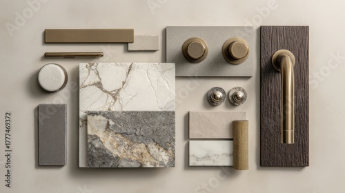 bathroom renovation moodboard with tile samples, faucet parts, marble