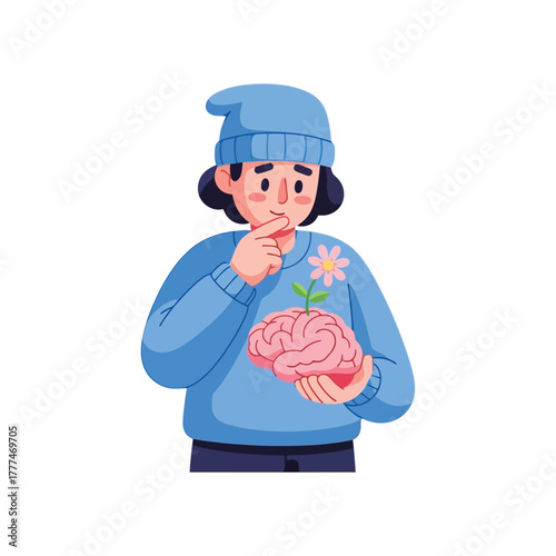 Person pondering a blooming brain, symbolizing growth and ideas