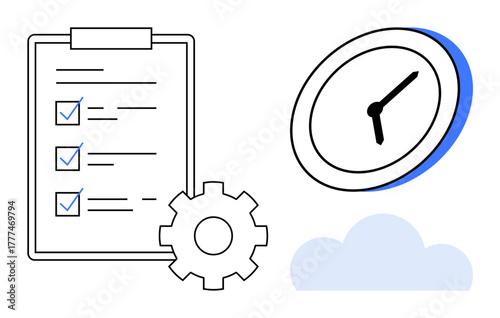 Checklist with marked tasks, clock, gear, and cloud emphasize time management, planning, organization. Ideal for productivity, workflow, efficiency project management goal setting prioritization