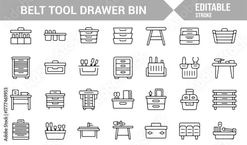 Linear vector illustrations of industrial tool storage and mechanical equipment