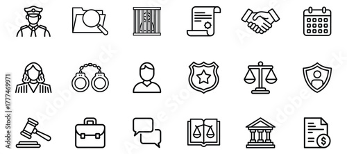 Set of outline law and justice icons, depicting legal concepts and the administration of justice
