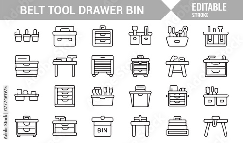 Modern vector outline icons of hardware drawers, belt bins, and service tools