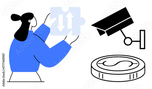 Woman holding puzzle piece with arrows symbolizing decision-making. Nearby surveillance camera and coin suggesting security, finance, data, or privacy. Ideal for strategy, analysis, security