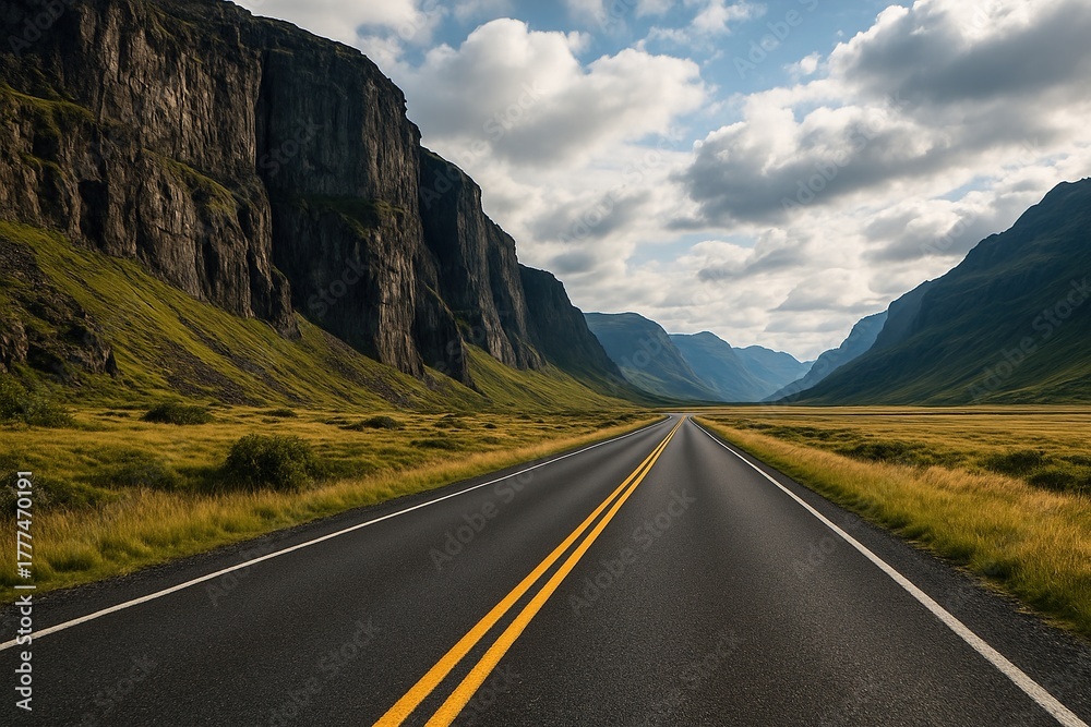 Fototapeta premium a straight clean road between rock mountain in cloudy weather