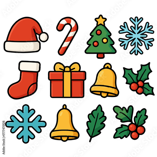 Christmas Icon Set – Cute Holiday Line Art with Santa Hat, Tree, Candy Cane, Gift, and Snowflake Vector