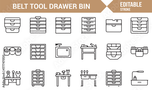 Editable vector line icons of repair instruments, cabinets, and mechanical kits