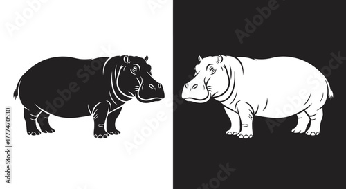 Black and White Hippo Vector Illustration