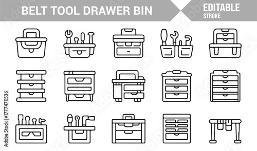Editable vector icons of tool drawers, storage bins, and mechanic belt kits in outline style