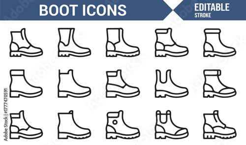 Modern line icons depicting various boot designs for clothing and lifestyle themes