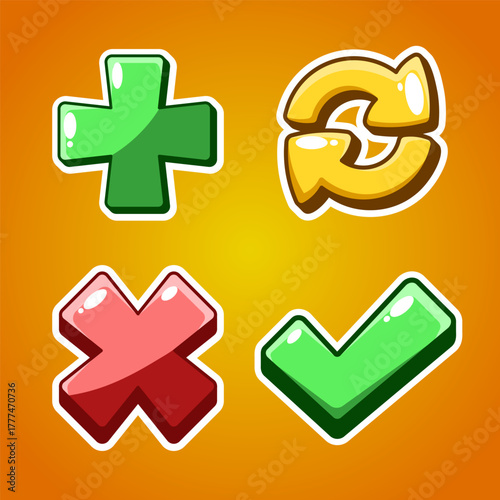 Cartoon Game UI Icons Glossy Vector Check Mark, Cross, Plus, and Reload Buttons for Game Assets and Interface