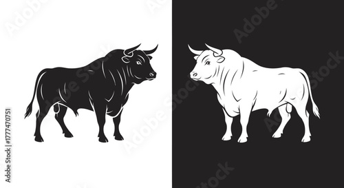 Powerful Black and White Bull Vector Illustration