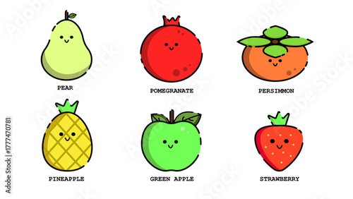Set of cute fruits with smiling faces vector illustration. Cute pear, pomegranade, persimmon, pineapple, green apple, strawberry