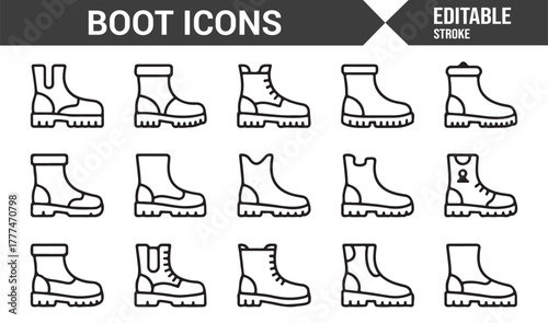 Outline icons of trendy boots and protective footwear for apparel concepts