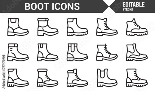 Minimalist editable stroke icons of leather boots, hiking shoes, and footwear designs