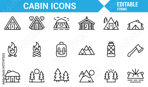 Minimalist vector icons of nature camping, forest lodges, and adventure travel items