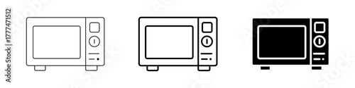 A versatile set of modern minimalist black and white microwave oven icons, essential for kitchen appliance graphics, food preparation, and cooking UI design elements.