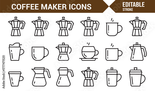 Linear vector illustrations of barista brewing tools and steaming coffee cups