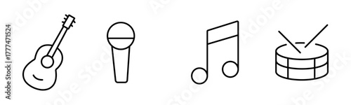 A comprehensive set of modern music vector icons, featuring a detailed outline guitar, a microphone, a flowing musical note, and a drum, representing audio, sound, and entertainment concepts.