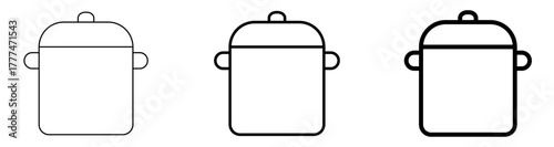 Versatile cooking pot icon set in black and white, featuring clean lines and varied stroke weights, perfect for modern culinary, kitchen, food preparation, and household appliance vector designs